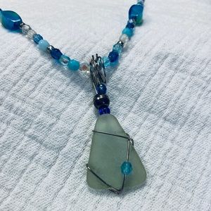 Sea Glass/ Beach Glass Blue Wire Wrapped Necklace